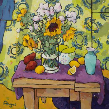 Angus Wilson - Sunflowers, Pears, and Papaya with Fish Drape