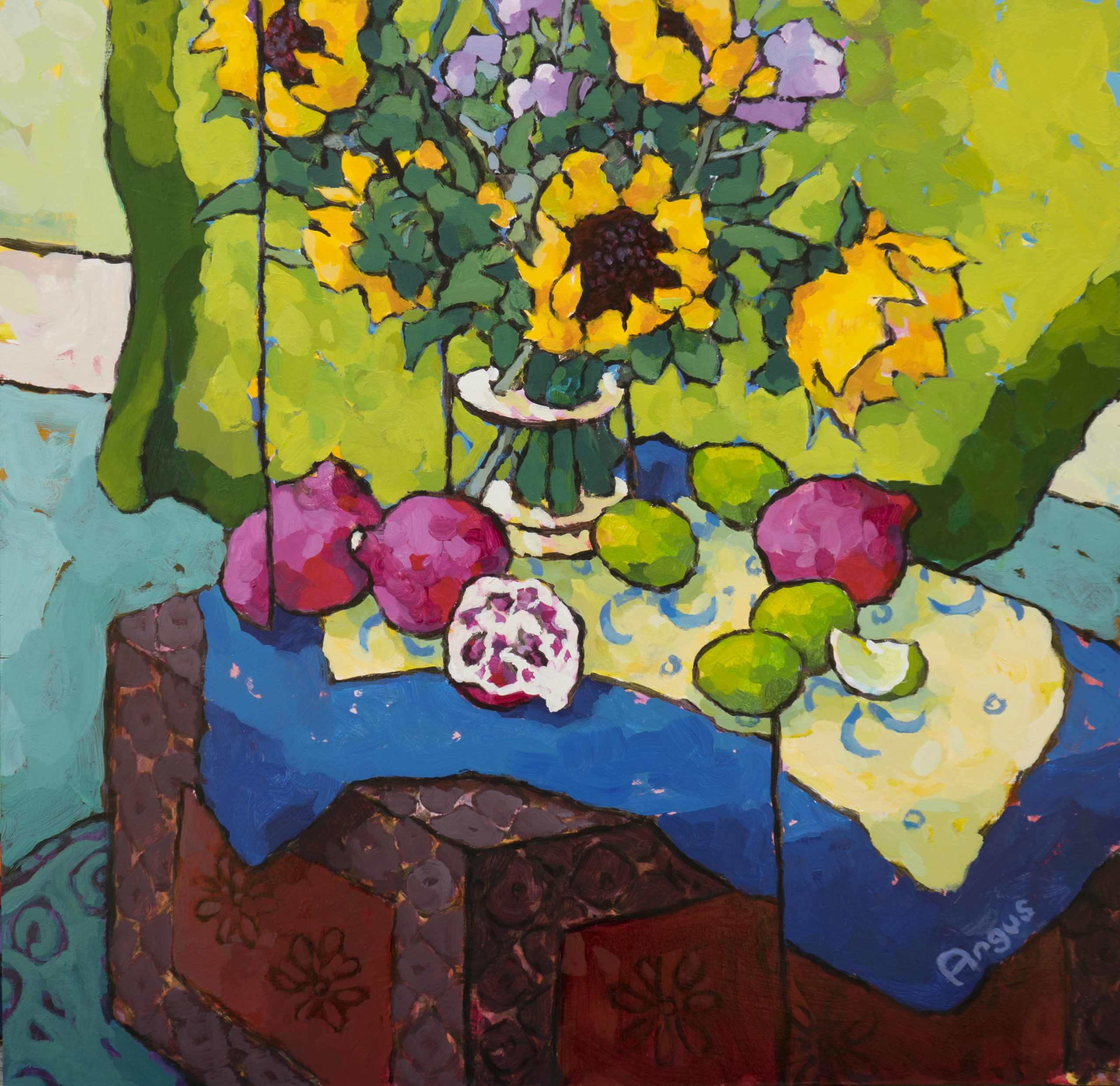Angus Wilson Sunflowers Poms Limes On Painted Box Acrylic On