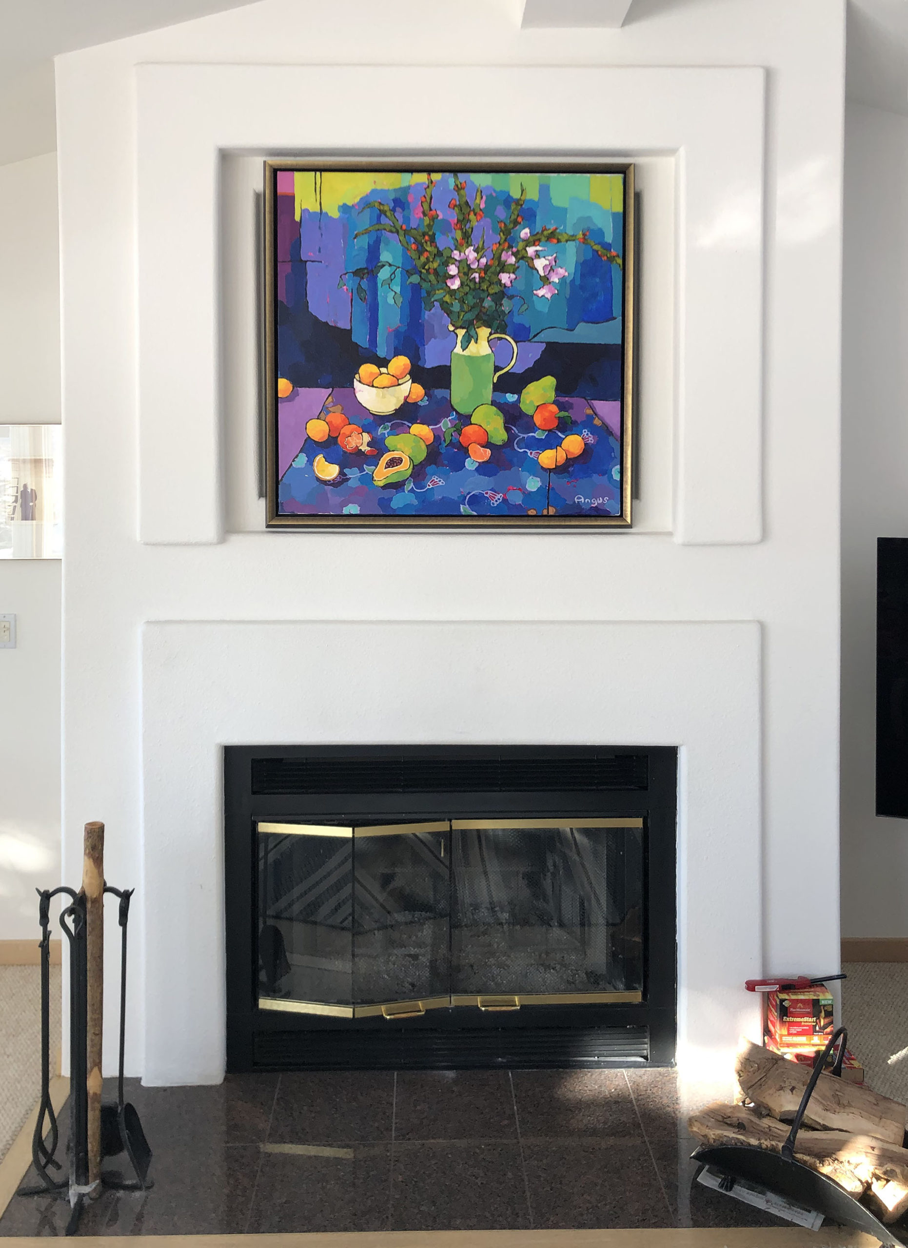 Angus Wilson painting, in situ, living room fireplace