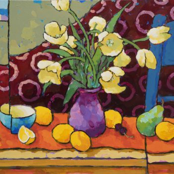 Angus Wilson - Tulips Over Red & Orange With Blue Chair