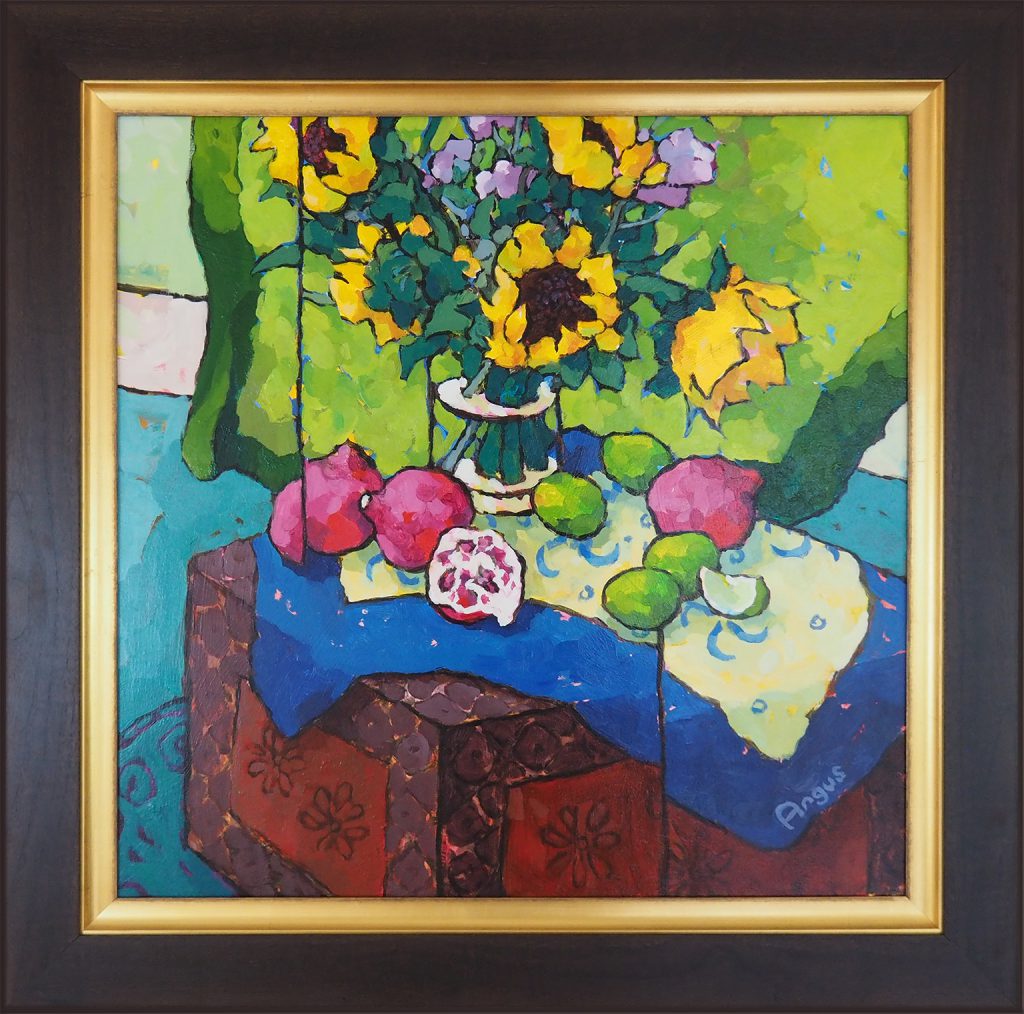 Angus Wilson, Sunflowers, Poms & Limes on Painted Box art