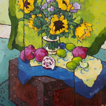 Angus Wilson - Sunflowers, Poms & Limes on Painted Box