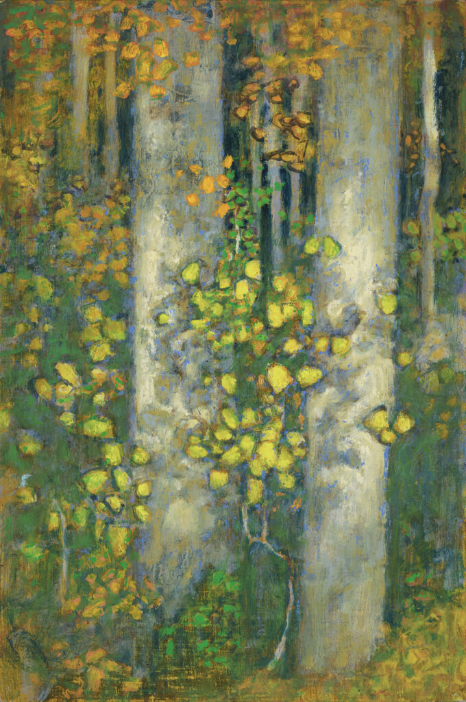 Rick Stevens, Twin Trunks, Yellow Leaves art