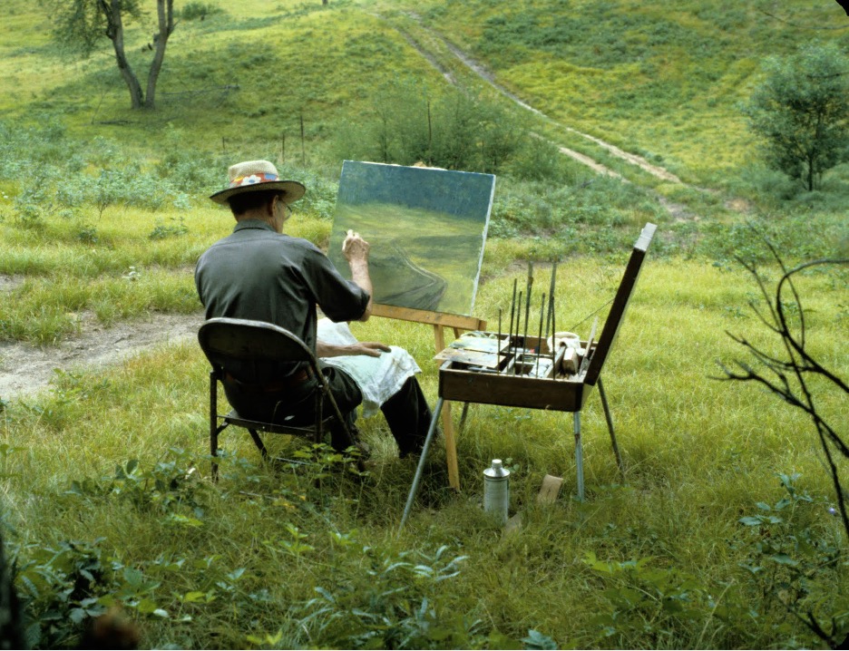 Jim Stevens, father of Rick Stevens, set up using his palette box. Michigan, 1983