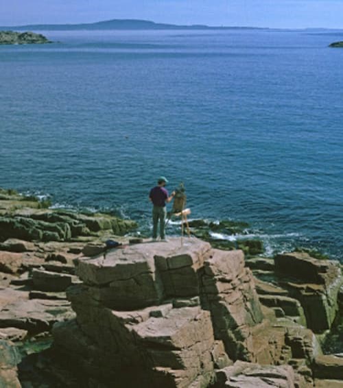 Rick painting in Acadia National Park, Bar Harbor Maine, 1997