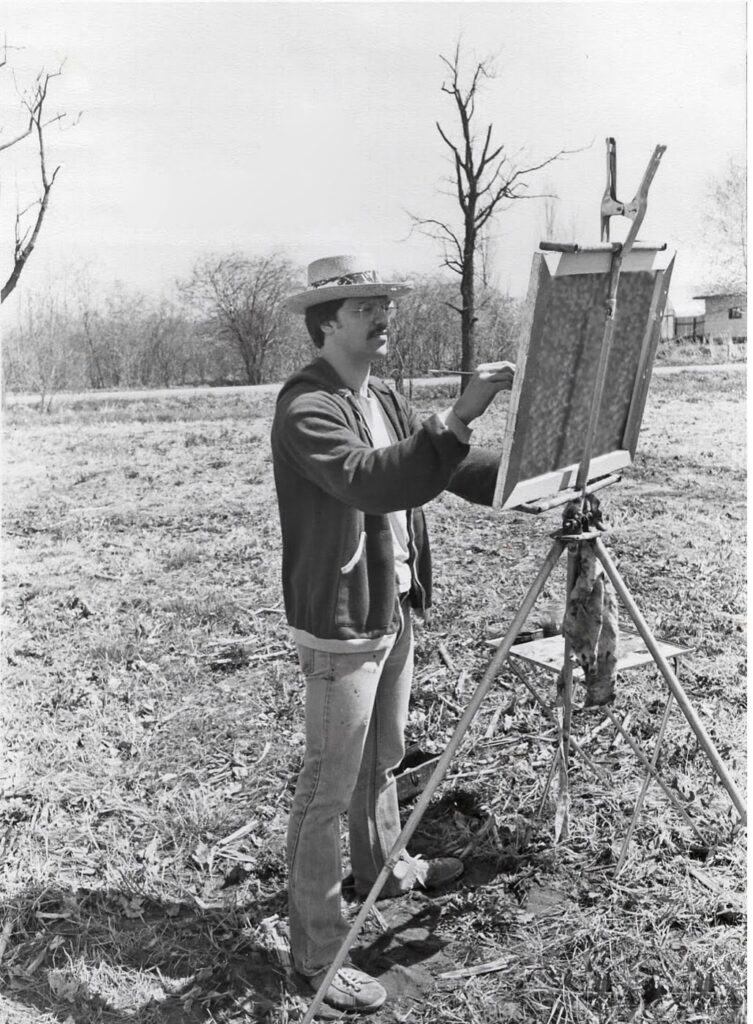 Rick Stevens set up with the easel his father made, Michigan, 1979