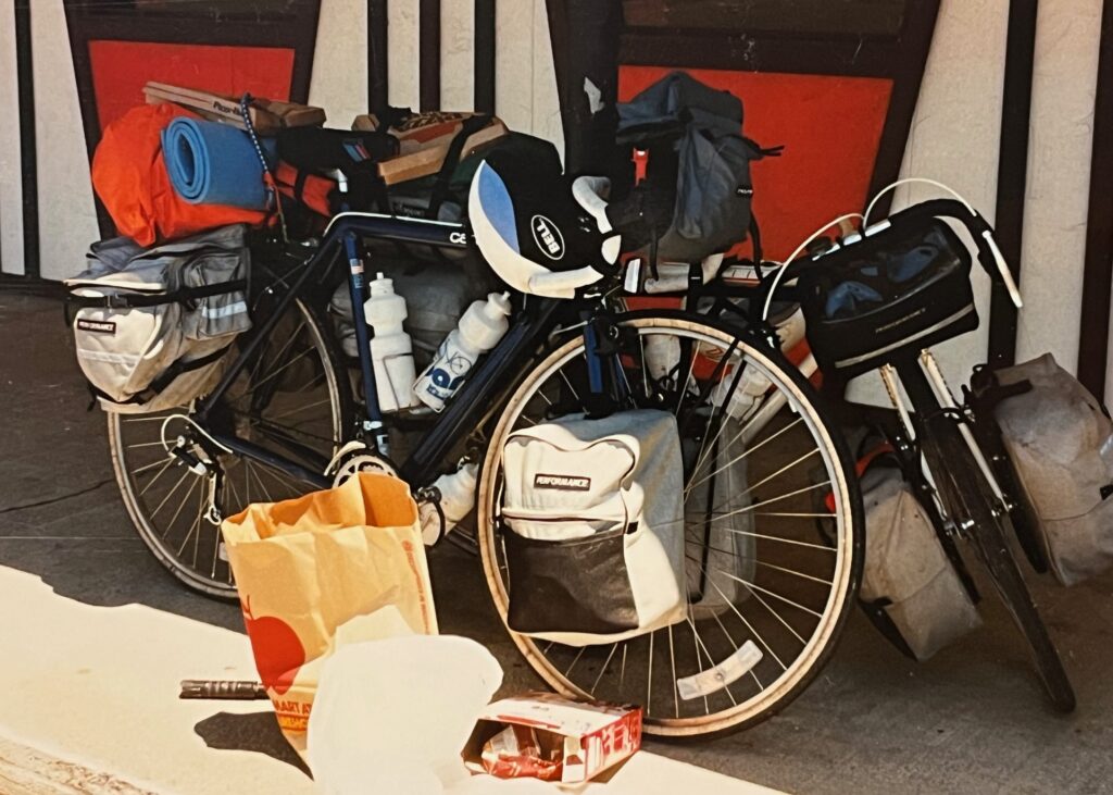 We were always hungry! Pizzas strapped to our bikes for snacks later…